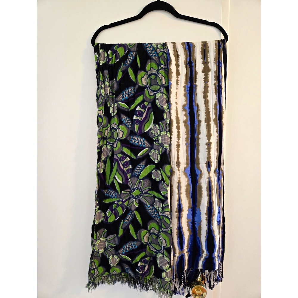 Lot of 2 Womens Multicolor Lightweight Scarves Floral & Striped w/ Fringe